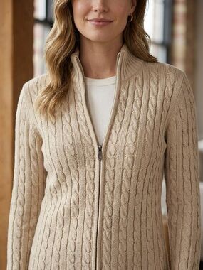 LL Bean Cream Cable Knit Zip Front Sweater